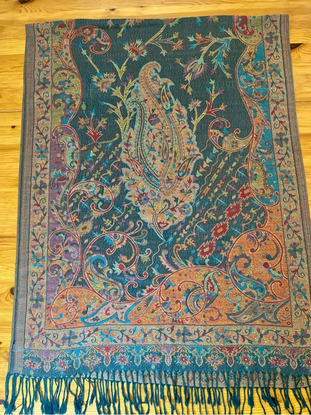 Oversized Paisley Fringe Tapestry Scarf Shawl Fairycore Teal Copper